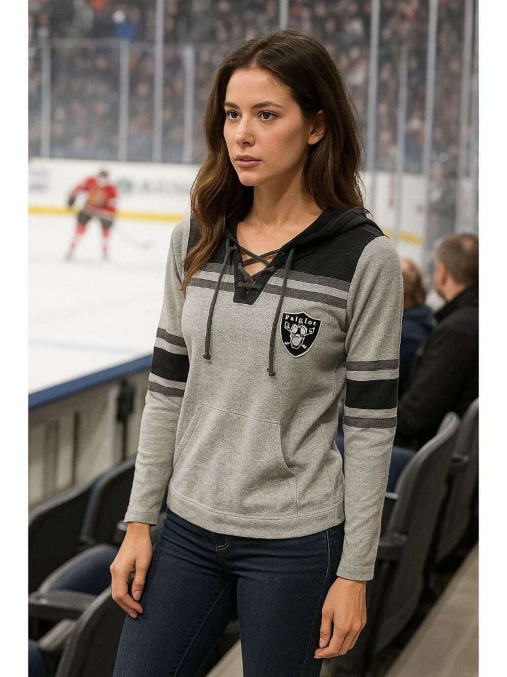 Antigua Las Vegas Raiders Gray & Black Lace-Up Hoodie Hockey Style Womens Medium